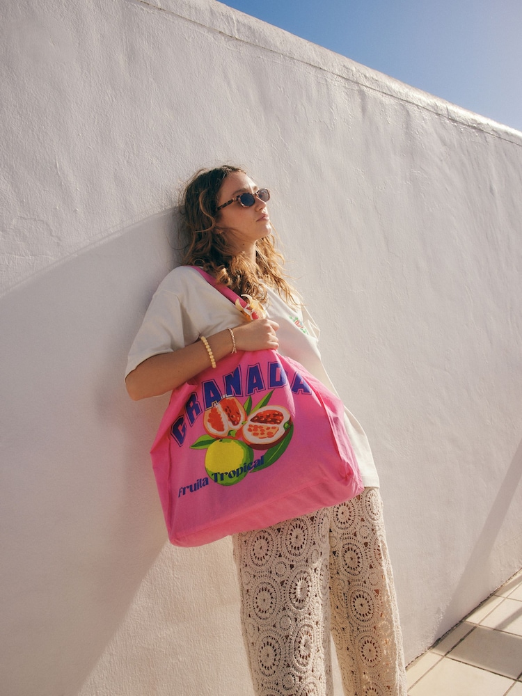 Pink Printed 100% Cotton Lightweight Shopper Bag - Image 3 of 9