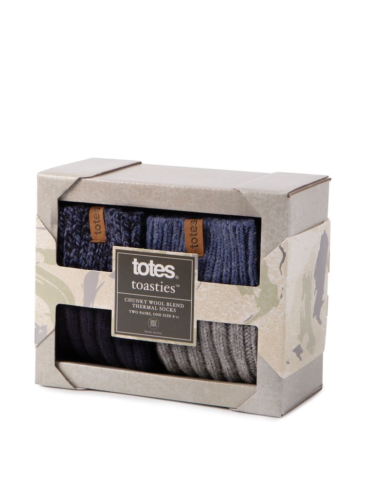Totes Blue Mens Chunky Twist Wool Blend Winter Boot Socks 2 Pack - Image 2 of 5