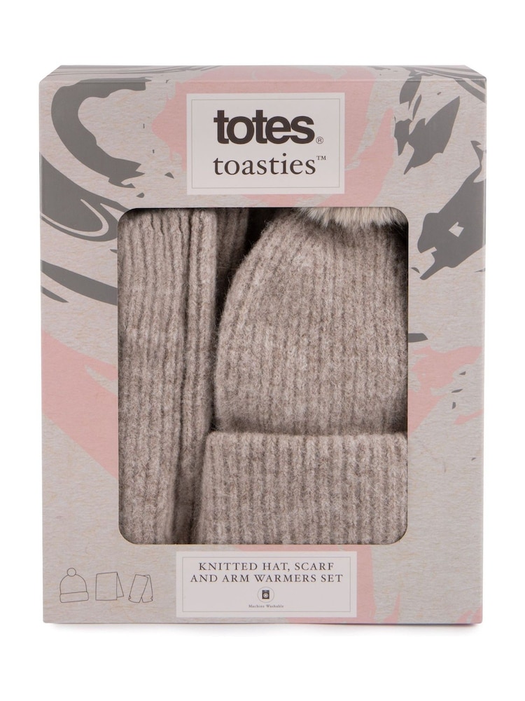 Totes Cream Ladies Knitted Winter Hat Scarf and Armwarmers Set - Image 2 of 4