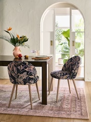 Set of 2 Soft Velvet Floral Dark Blue Newman Dark Wood Leg Dining Chairs - Image 1 of 8