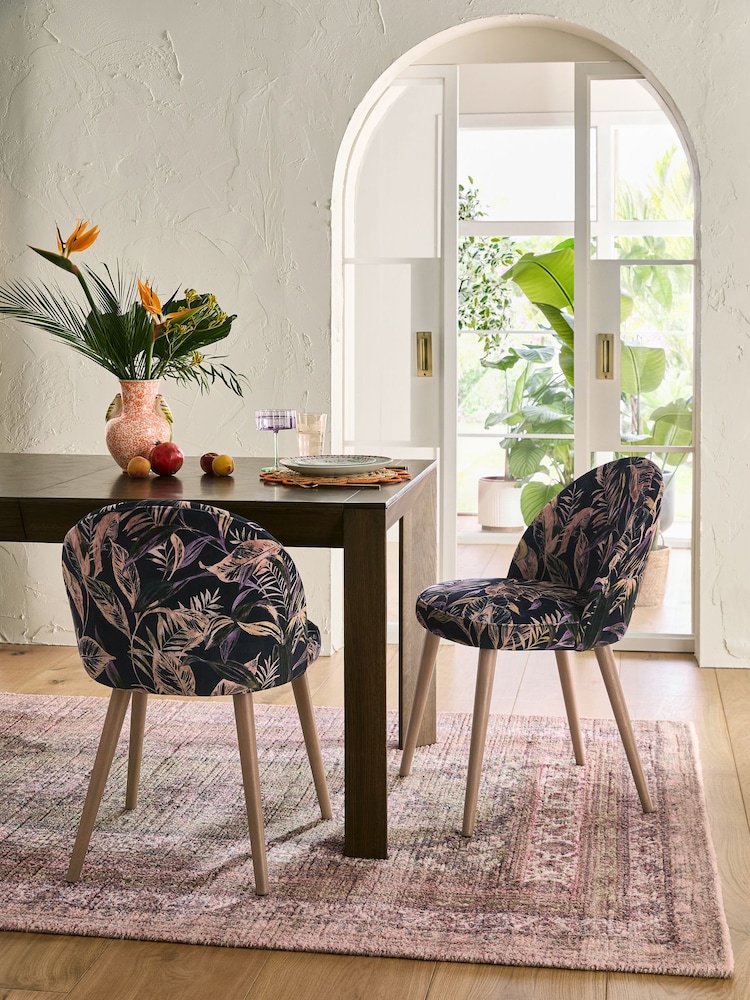Set of 2 Soft Velvet Floral Dark Blue Newman Dark Wood Leg Dining Chairs - Image 1 of 8