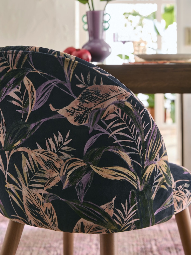 Set of 2 Soft Velvet Floral Dark Blue Newman Dark Wood Leg Dining Chairs - Image 2 of 8 Set of 2 Soft Velvet Floral Dark Blue Newman Dark Wood Leg Dining Chairs - Image 2 of 8