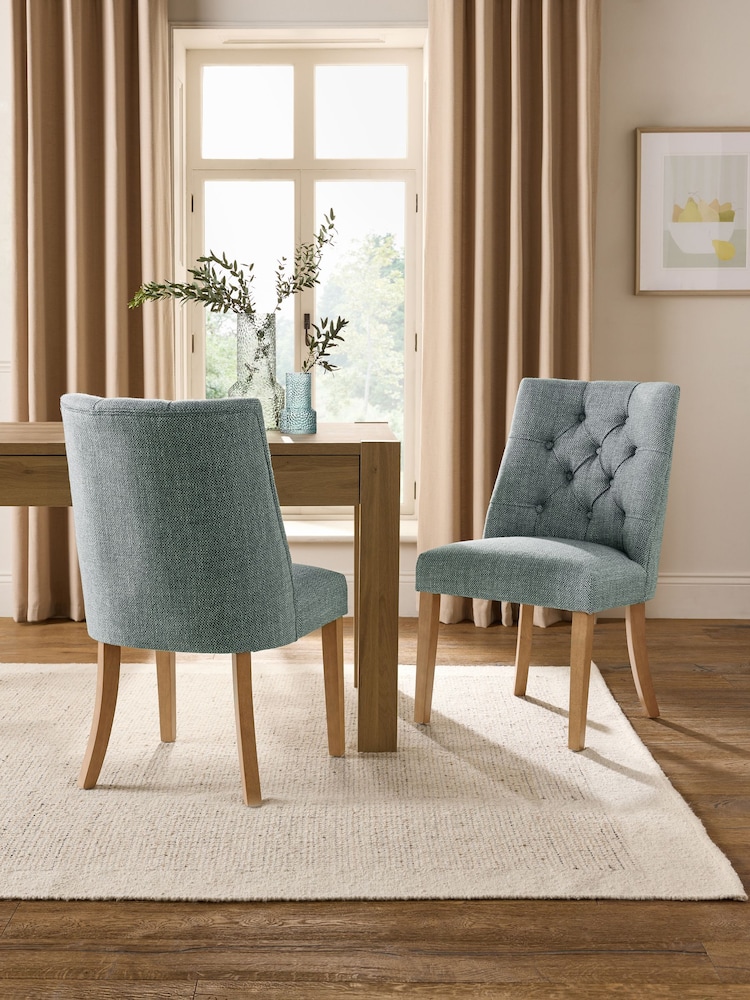 Set of 2 Chunky Weave Mid Blue Wolton Light Wood Leg Collection Luxe Button Dining Chairs - Image 1 of 10