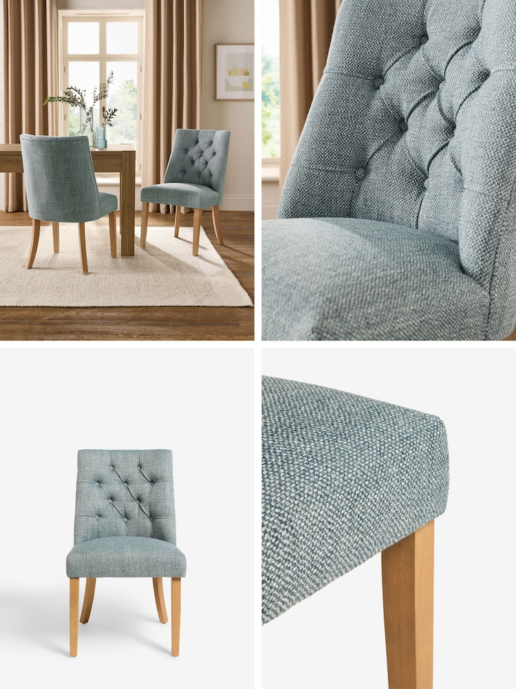 Set of 2 Chunky Weave Mid Blue Wolton Light Wood Leg Collection Luxe Button Dining Chairs - Image 2 of 10