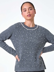 Roman Grey Pearl Embellished High Neck Jumper - Image 1 of 5