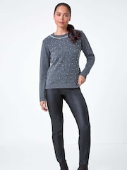 Roman Grey Pearl Embellished High Neck Jumper - Image 2 of 5