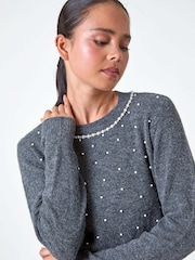 Roman Grey Pearl Embellished High Neck Jumper - Image 4 of 5
