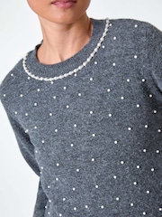 Roman Grey Pearl Embellished High Neck Jumper - Image 5 of 5