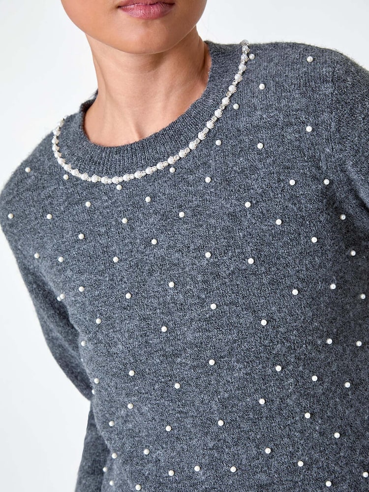 Roman Grey Pearl Embellished High Neck Jumper - Image 5 of 5