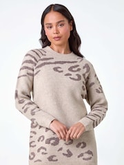 Roman Natural Petite Animal Print Longline Stretch Jumper - Image 1 of 5