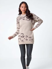 Roman Natural Petite Animal Print Longline Stretch Jumper - Image 2 of 5