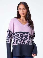 Roman Purple Petite Animal Colourblock Stretch Jumper - Image 1 of 5