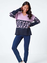 Roman Purple Petite Animal Colourblock Stretch Jumper - Image 2 of 5