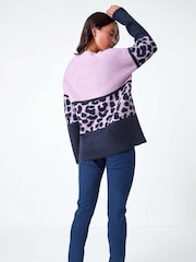 Roman Purple Petite Animal Colourblock Stretch Jumper - Image 3 of 5