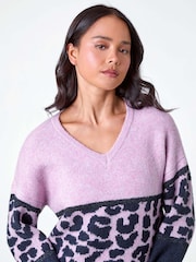 Roman Purple Petite Animal Colourblock Stretch Jumper - Image 4 of 5