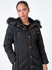 Roman Black Faux Fur Hood Longline Quilted Coat - Image 1 of 5
