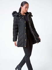 Roman Black Faux Fur Hood Longline Quilted Coat - Image 2 of 5