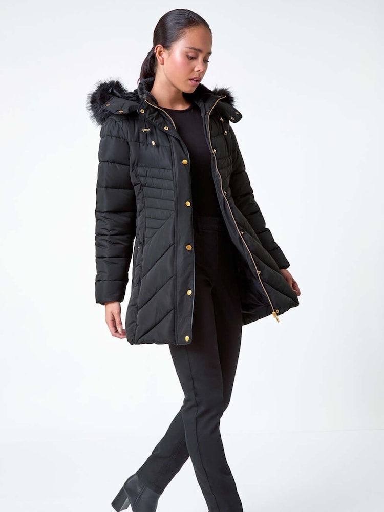 Roman Black Faux Fur Hood Longline Quilted Coat - Image 2 of 5
