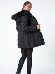 Roman Black Faux Fur Hood Longline Quilted Coat - Image 3 of 5