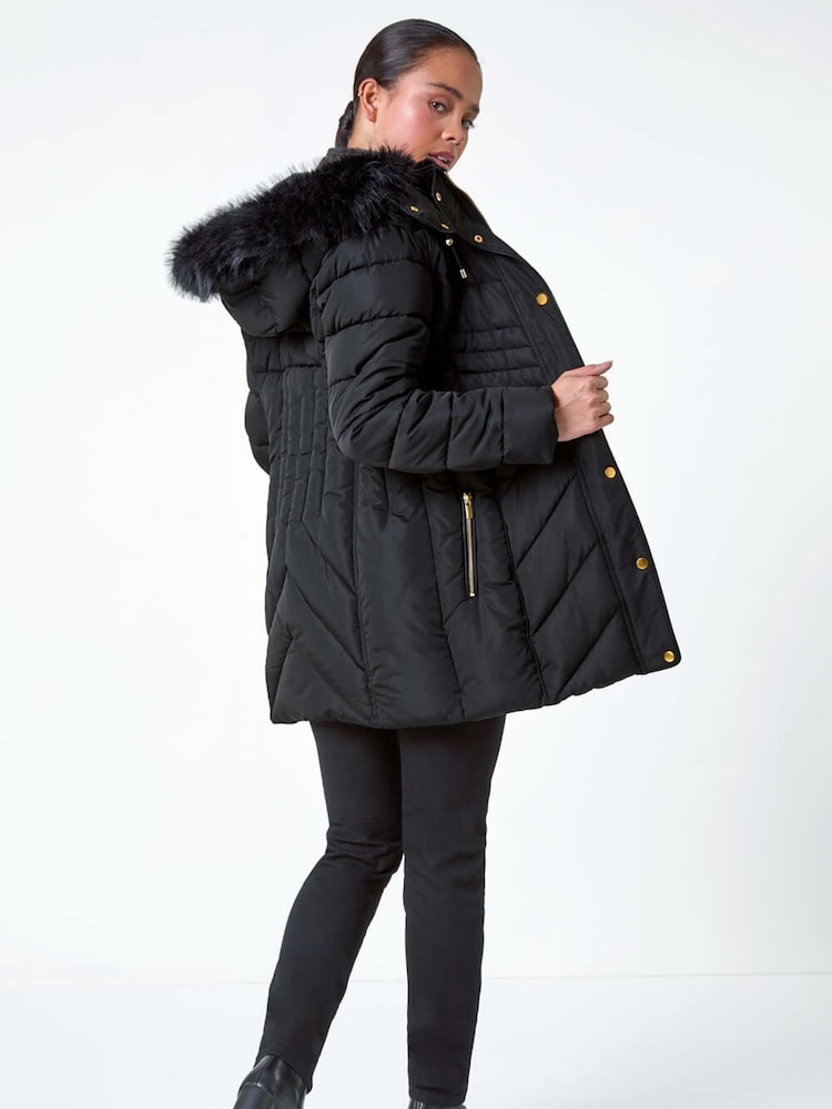 Roman Black Faux Fur Hood Longline Quilted Coat - Image 3 of 5