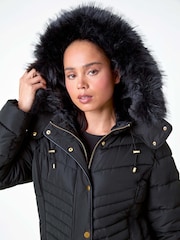 Roman Black Faux Fur Hood Longline Quilted Coat - Image 4 of 5
