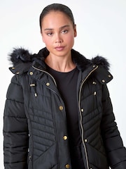 Roman Black Faux Fur Hood Longline Quilted Coat - Image 5 of 5