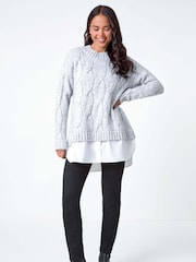 Roman Grey Contrast Hem Cableknit Jumper - Image 2 of 5