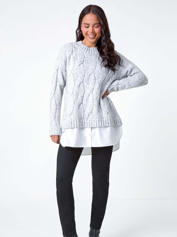 Roman Grey Contrast Hem Cableknit Jumper - Image 2 of 5