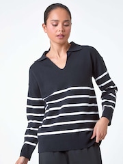 Roman Black Stripe Print Collared Knit Jumper - Image 1 of 5