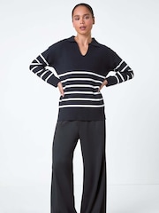 Roman Black Stripe Print Collared Knit Jumper - Image 2 of 5