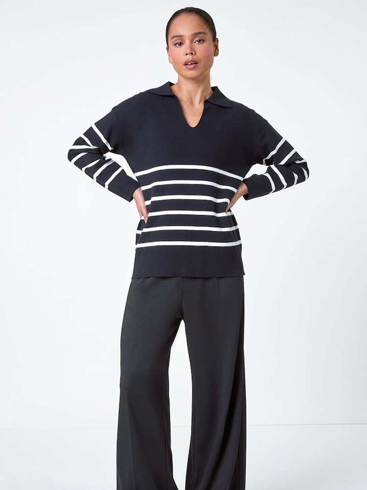 Roman Black Stripe Print Collared Knit Jumper - Image 2 of 5