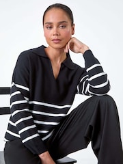 Roman Black Stripe Print Collared Knit Jumper - Image 4 of 5