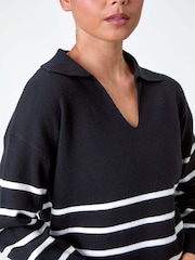 Roman Black Stripe Print Collared Knit Jumper - Image 5 of 5