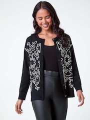 Roman Black Floral Button Through Cardigan - Image 1 of 5