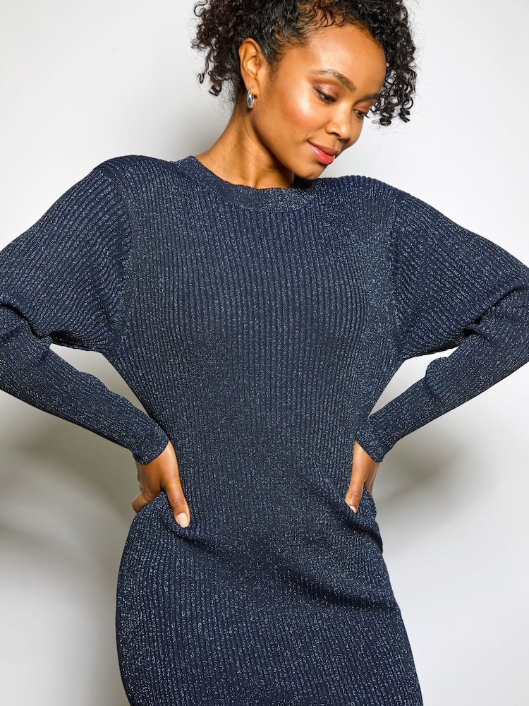 Roman Blue Shimmer Ribbed Knit Bodycon Dress - Image 3 of 3