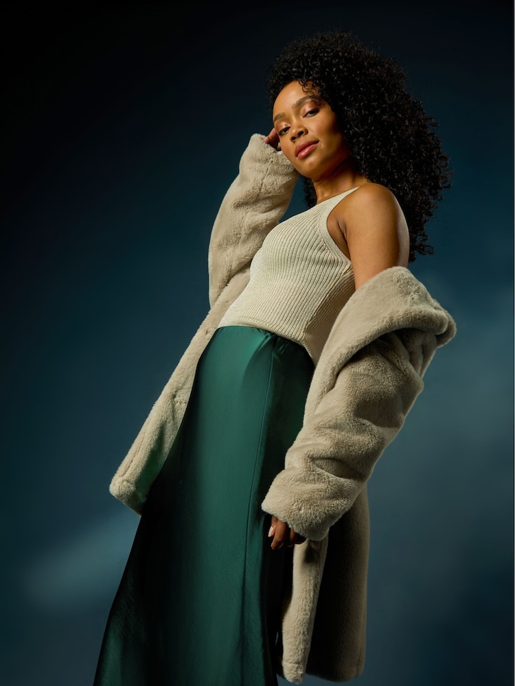 Roman Natural Petite Longline Faux Fur Coat - Image 2 of 7