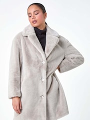 Roman Natural Petite Longline Faux Fur Coat - Image 3 of 7