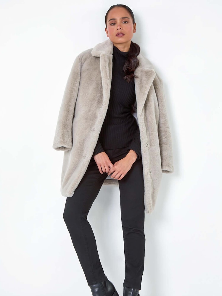 Buy Roman Natural Petite Longline Faux Fur Coat from Next India