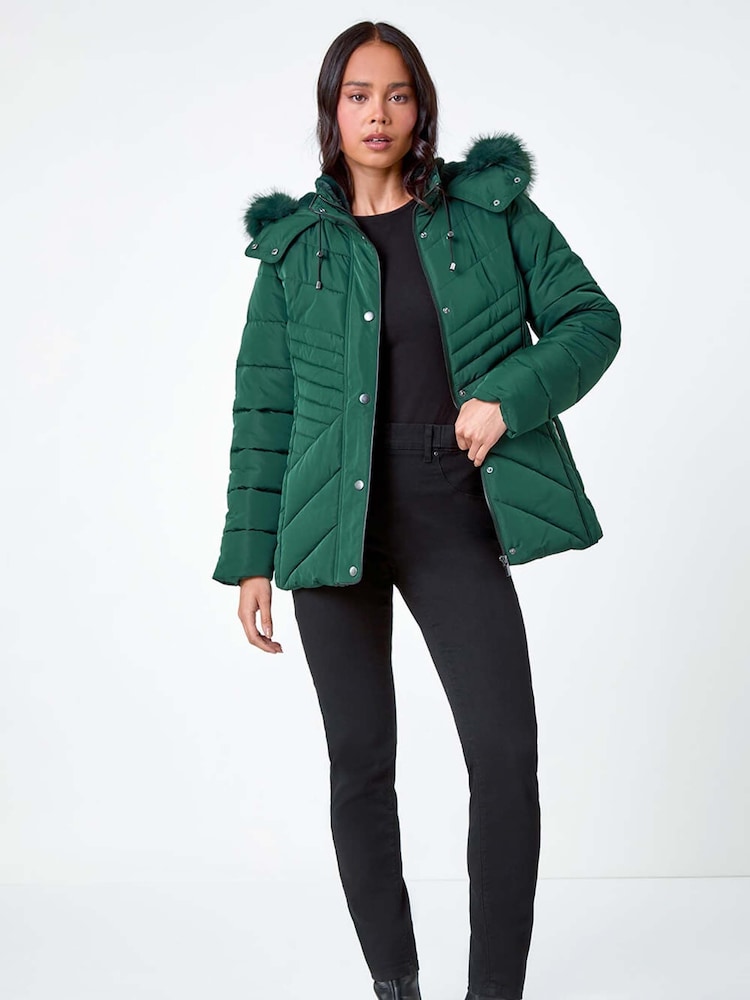 Roman Green Petite Faux Fur Hood Puffer Coat - Image 2 of 5