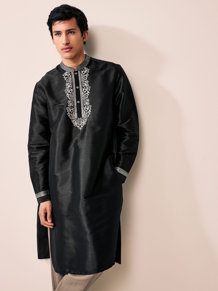 Black Longer Length Kurta Shirt - Image 1 of 10