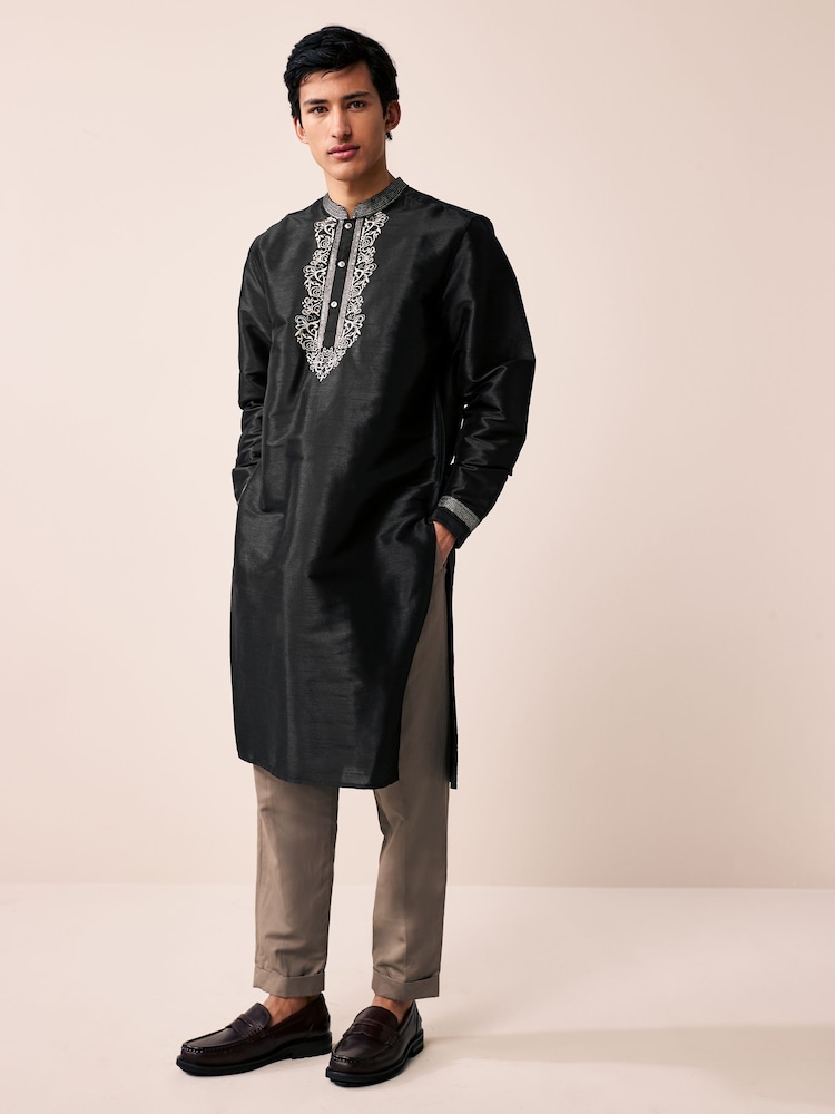 Black Longer Length Kurta Shirt - Image 2 of 10