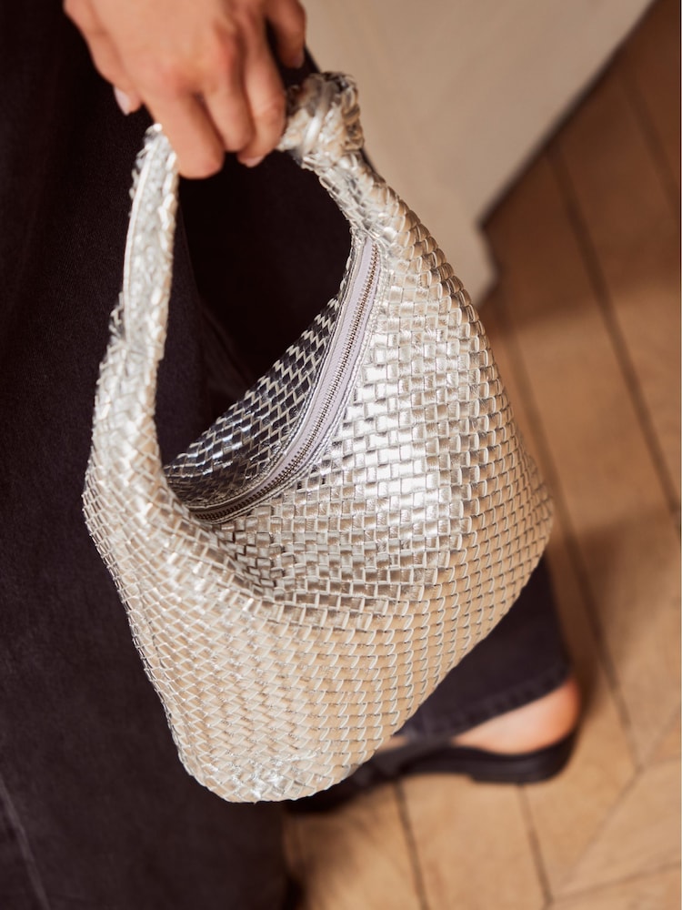 Mint Velvet Silver Woven Knot Handle Bag - Image 2 of 4 Mint Velvet Silver Woven Knot Handle Bag - Image 2 of 4