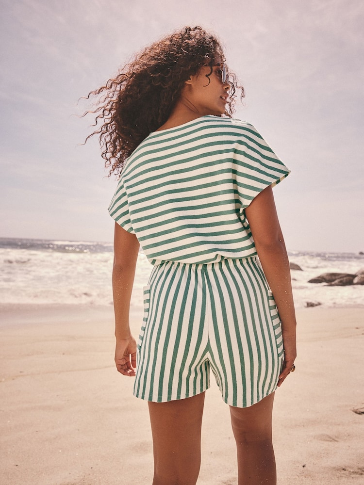 Green/Ecru Toweling Button Detail 100% Cotton Playsuit - Image 3 of 7