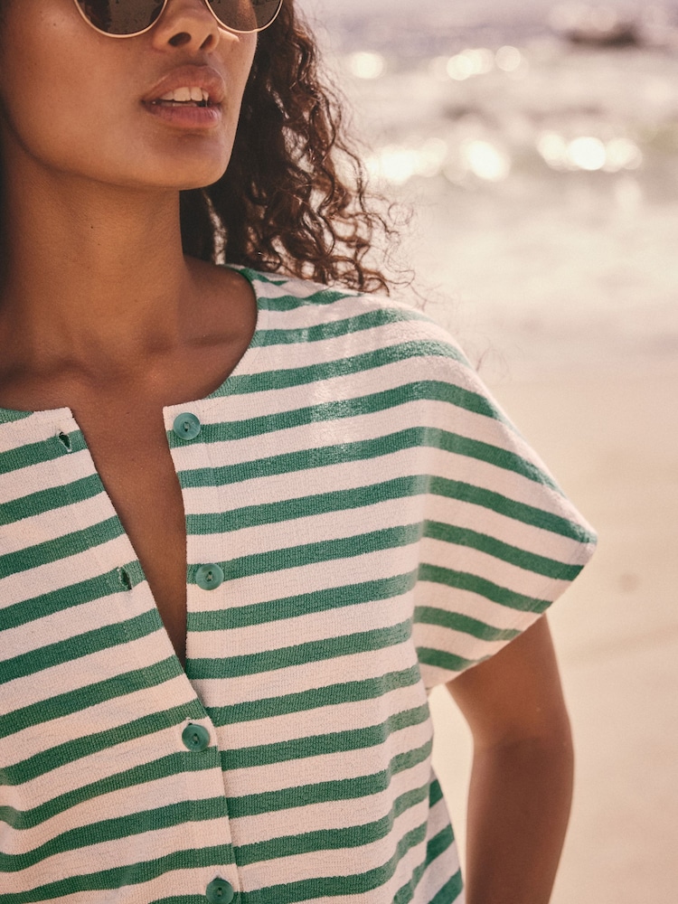 Green/Ecru Toweling Button Detail 100% Cotton Playsuit - Image 4 of 7