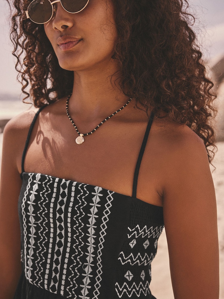 Black/White Embroidered Strappy 100% Cotton Mini Dress - Image 5 of 8