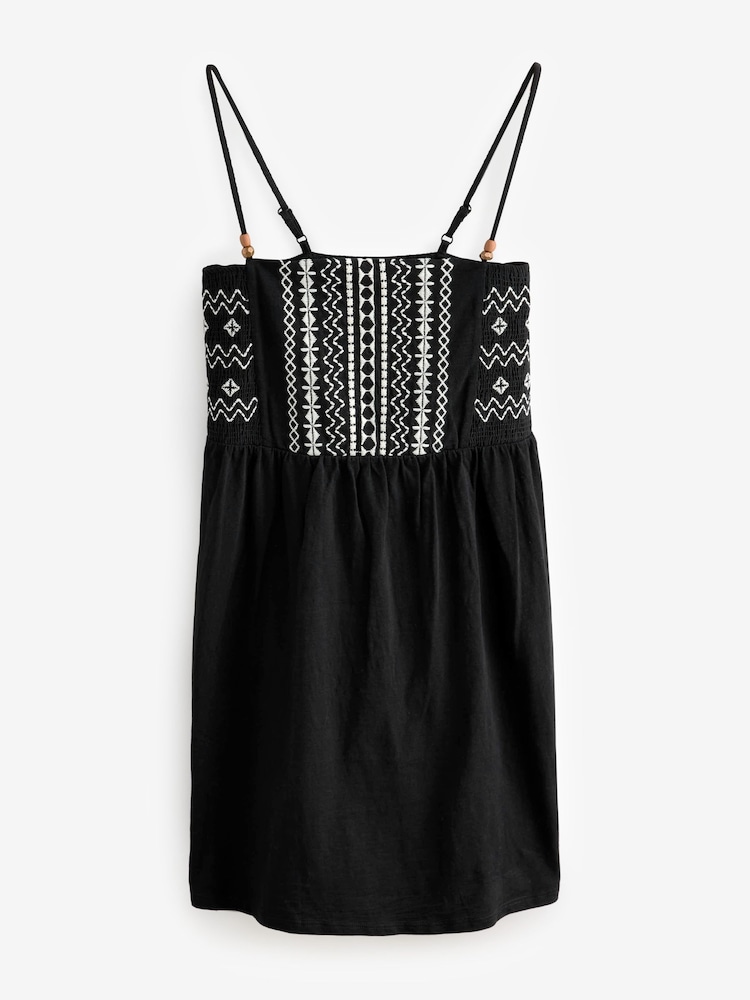 Black/White Embroidered Strappy 100% Cotton Mini Dress - Image 6 of 8