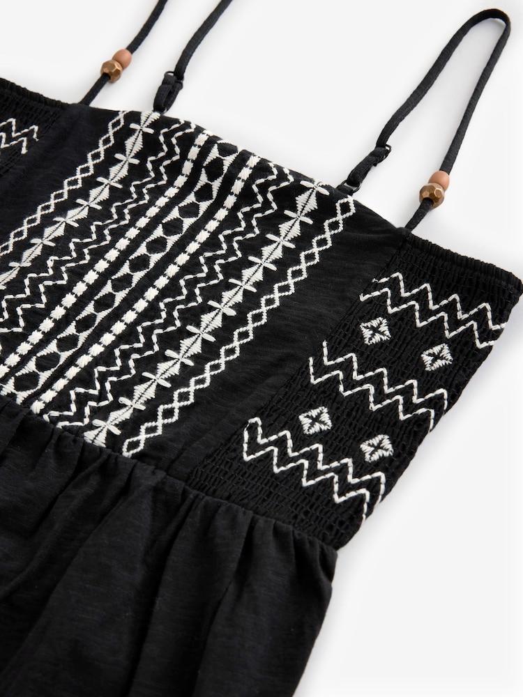 Black/White Embroidered Strappy 100% Cotton Mini Dress - Image 7 of 8