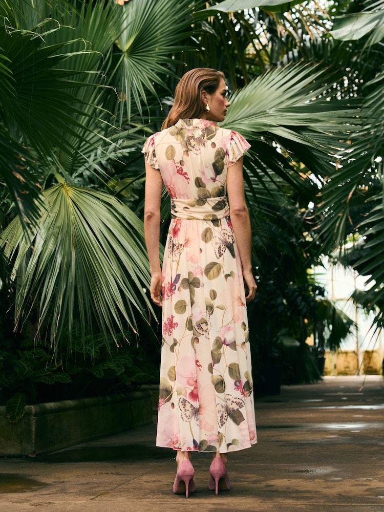 Cream Tropical Pleated Mesh Print V-Neck Occasion Midi Dress - Image 2 of 8