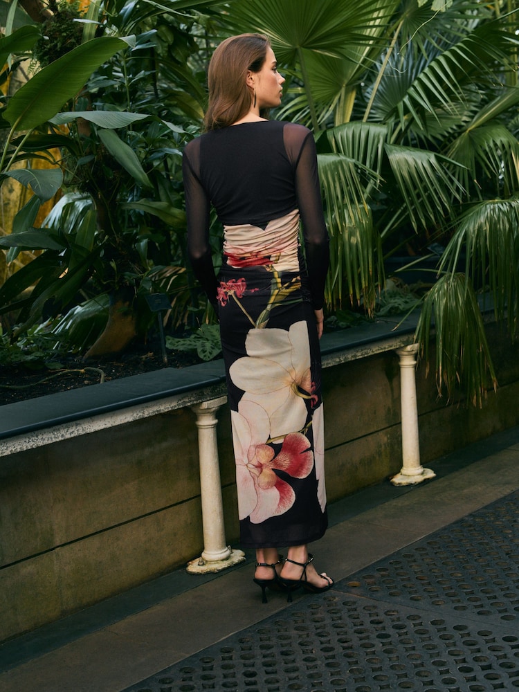Black Placement Floral Kew Collection Long Sleeve Placement Floral Mesh Maxi Dress - Image 3 of 8