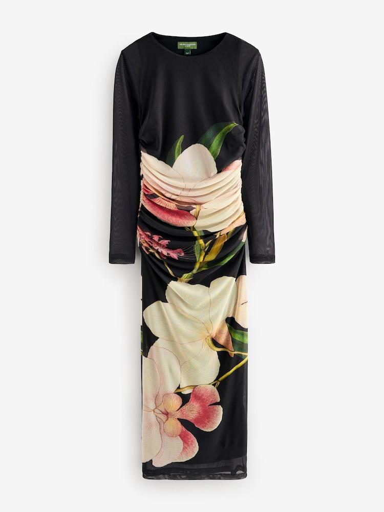 Black Placement Floral Kew Collection Long Sleeve Placement Floral Mesh Maxi Dress - Image 6 of 8
